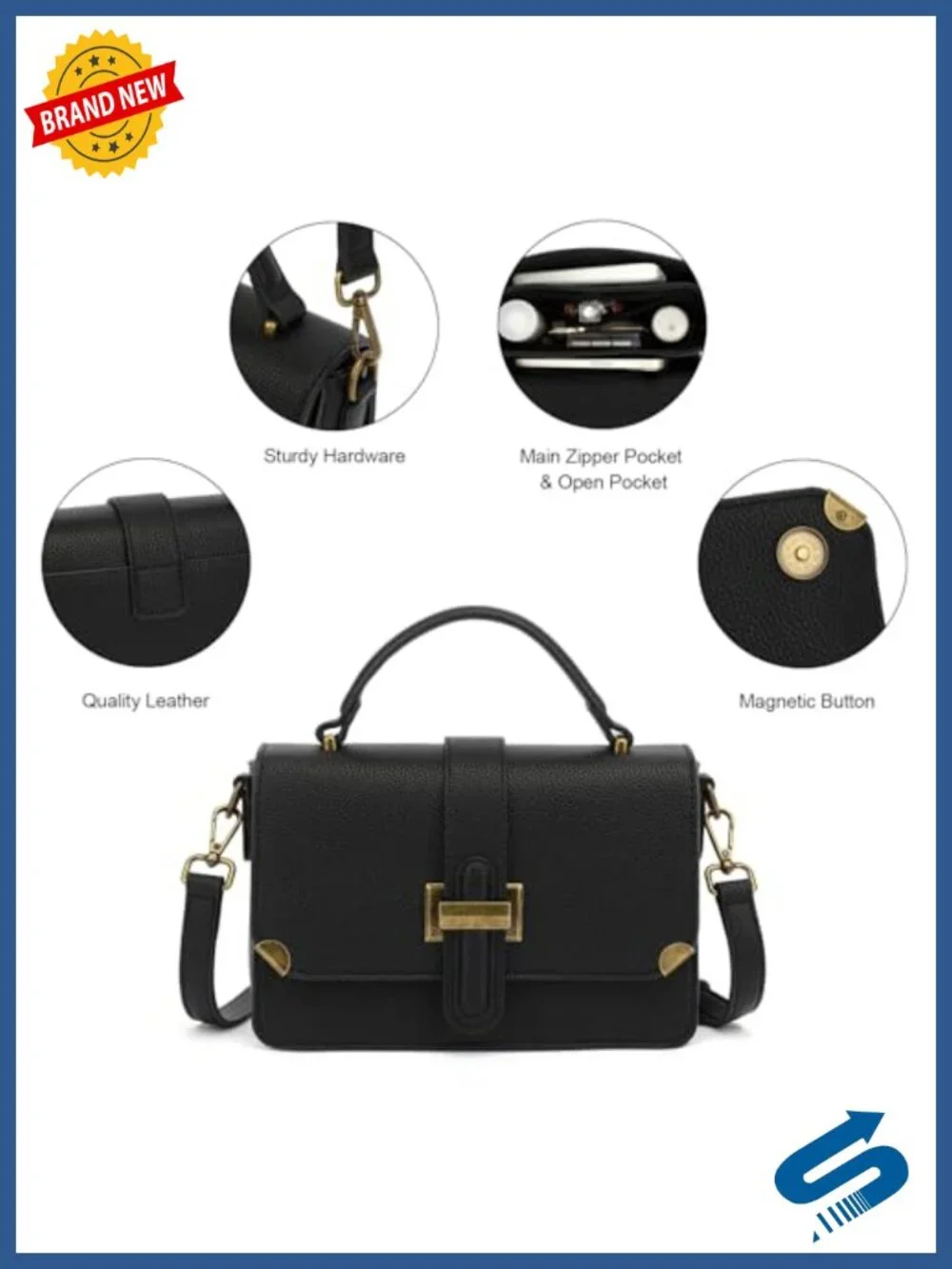Leather Satchel Crossbody Purse with Top Handle - Gold Hardware - Small Size